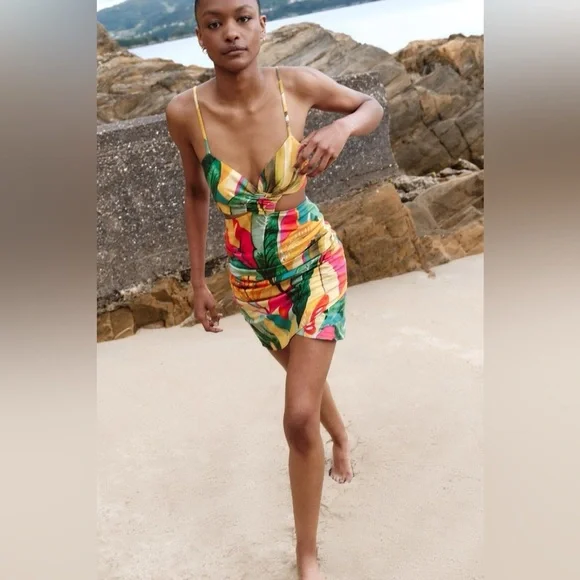 Tropical Print Cutout Mini Dress - Yellow & Green - Picture 1 of 9